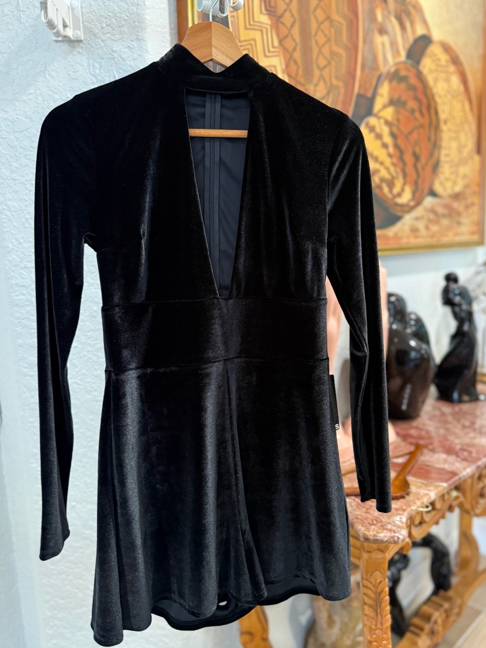 NWT Express Black Velvet Long-Sleeve V-Neck Mini Dress